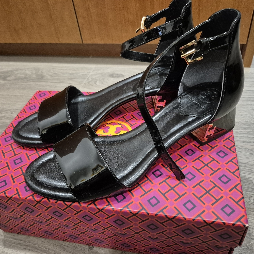 Tory Burch Black Patent Leather Ankle-Strap Block Heel Sandals